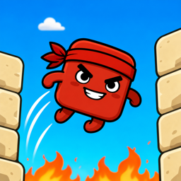The Flippy Walls icon: a red cube with a headband jumping between two walls above the flames