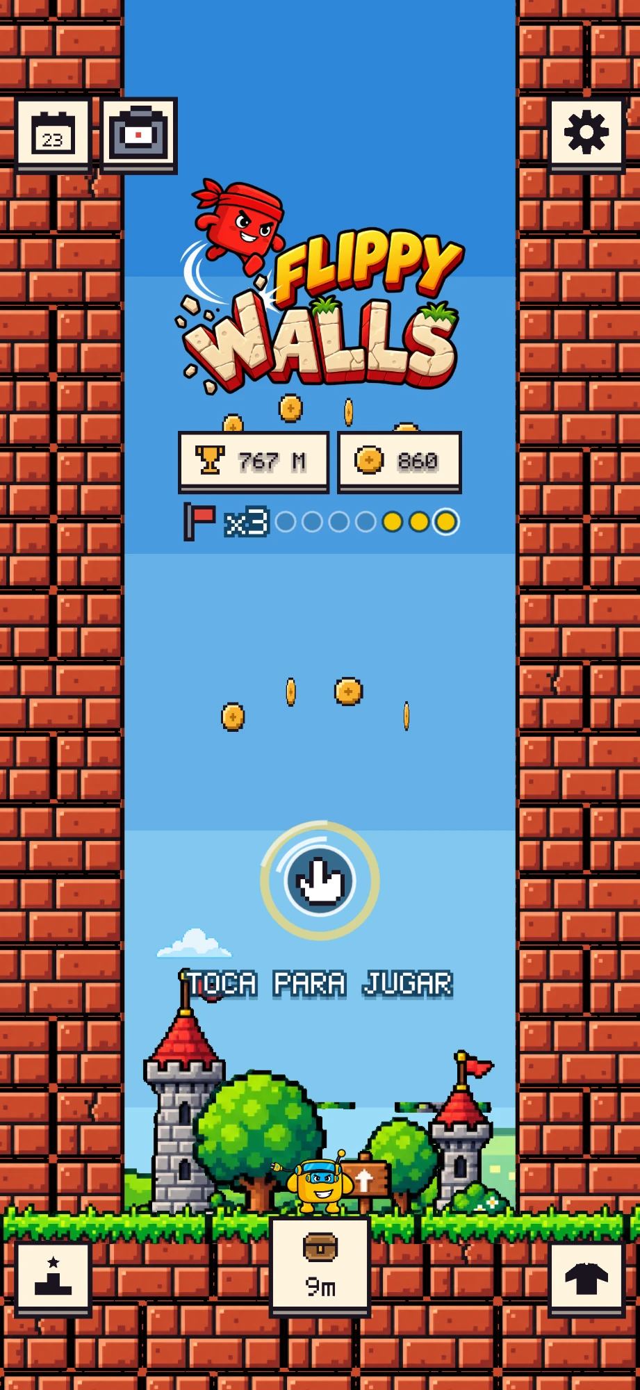 Flippy Walls start screen: the logo, your record and coins, and “tap to play” between two brick walls