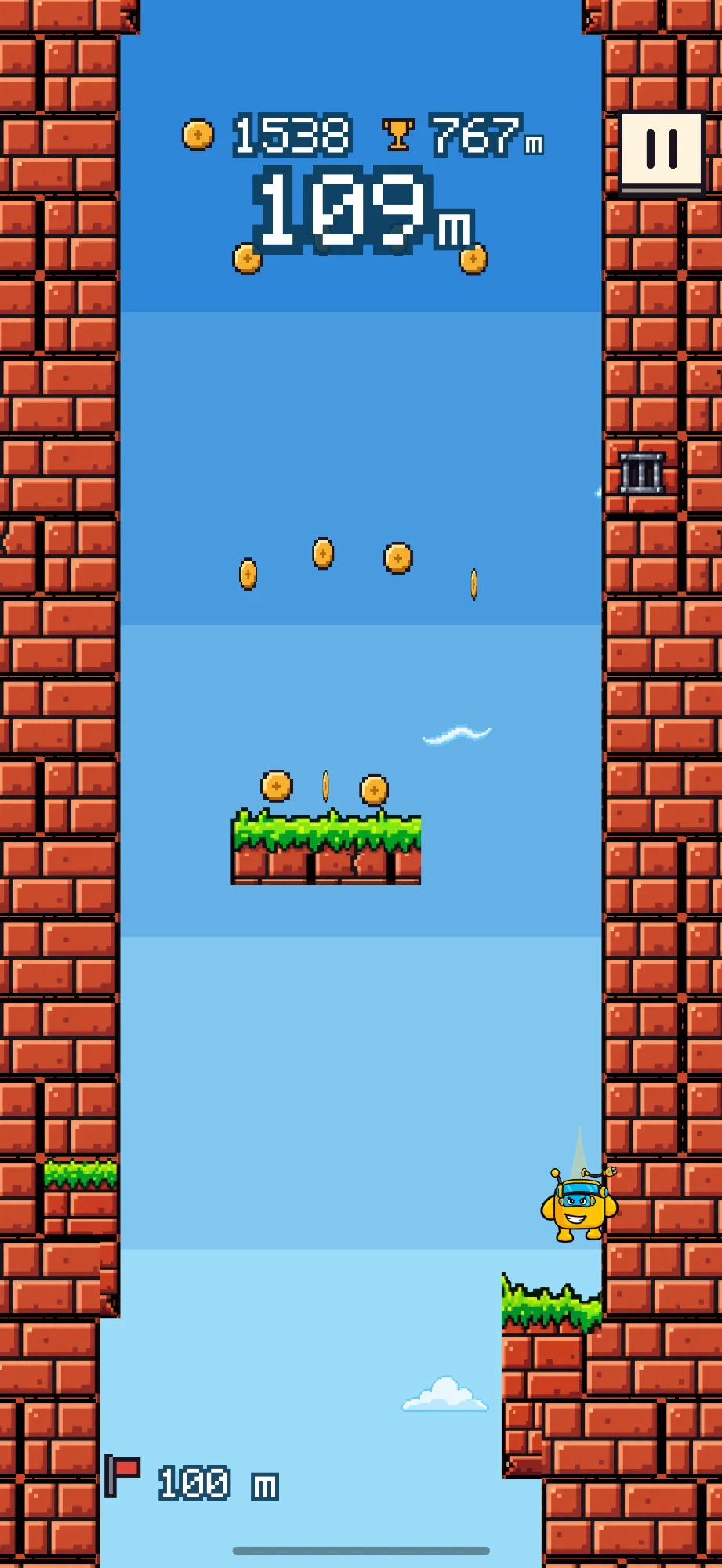 Climbing between the brick walls at 109 metres, with coins to collect